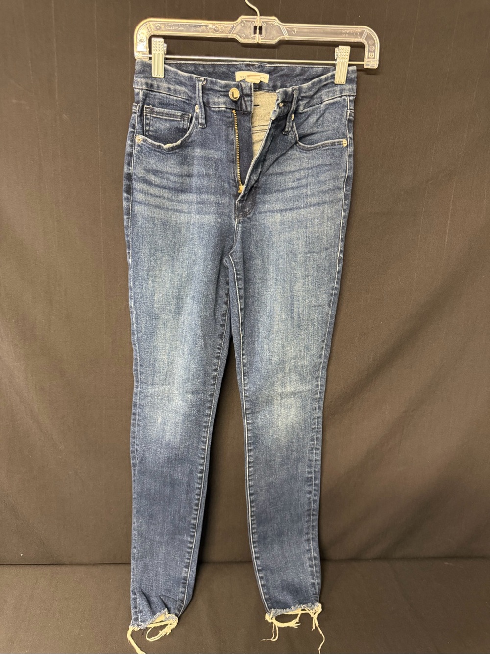 Good American Good Legs Jeans 4/27 High Rise Skinny Raw Hem Medium Wash Denim